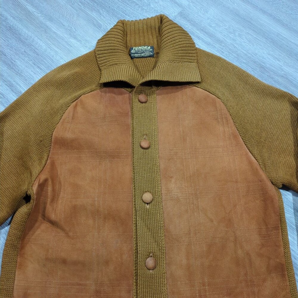 Vintage Tundra Cardigan Sweater Men's Medium Brown Knit Suede Elbow Patches 80s - Picture 3 of 16